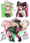  2girls aori_(splatoon) black_hair cousins detached_collar domino_mask dress earrings english food food_on_head gloves hotaru_(splatoon) hug jewelry long_hair mask mole mole_under_eye multiple_girls object_on_head pantyhose pointy_ears silver_hair splatoon_(series) splatoon_1 tentacle_hair wong_ying_chee 