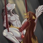  2014 anthro blue_eyes blush cloak clothing cuntboy duo fur grey_eyes grey_fur intersex male penetration penis pussy sergal sex simple_background size_difference spread_legs spreading suspension vaginal vaginal_penetration white_fur winteranswer yellow_fur 