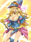  ;d bare_shoulders blonde_hair blue_footwear blush_stickers boots breasts choker cleavage collarbone commentary_request dark_magician_girl duel_monster green_eyes hat heart highres index_finger_raised large_breasts long_hair looking_at_viewer one_eye_closed open_mouth pentacle shiny shiny_skin smile solo staff takecha very_long_hair wizard_hat yuu-gi-ou yuu-gi-ou_duel_monsters 