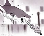  commentary fins greyscale ko-on_(ningen_zoo) mettaton monochrome no_humans shark sharknado teeth undertale 