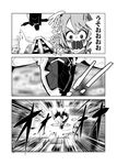  1girl assassin's_creed_(series) building city cloak close-up comic emphasis_lines face falling fifiruu from_above from_behind greyscale hidden_face hong_meiling hood hooded_cloak jumping mask monochrome outstretched_arm rectangular_mouth shaded_face silhouette tareme touhou tower translated upper_body wide-eyed 