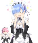  ^_^ apron black_dress blue_hair blush breasts closed_eyes commentary_request detached_sleeves dress frills hair_ornament hair_over_one_eye hands_on_own_cheeks hands_on_own_face haribote_(tarao) jitome looking_at_viewer maid maid_headdress multiple_girls pink_hair ram_(re:zero) re:zero_kara_hajimeru_isekai_seikatsu red_eyes rem_(re:zero) ribbon ribbon-trimmed_clothes ribbon-trimmed_collar ribbon_trim short_hair siblings sisters small_breasts twins x_hair_ornament 