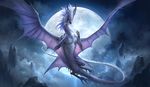  amazing_background ambiguous_gender detailed detailed_background dragon feral flying moon night outside rock sandara scales solo white_scales wings 