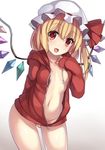  arm_behind_back ass_visible_through_thighs bangs blonde_hair blush bottomless duplicate flandre_scarlet hat hat_ribbon highres hood hoodie janne_cherry looking_at_viewer mob_cap naked_hoodie navel no_bra open_mouth red_eyes red_ribbon ribbon side_ponytail simple_background smile solo standing touhou wings 