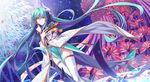  aqua_hair bamboo crossed_arms fan fate/grand_order fate_(series) folding_fan highres horns japanese_clothes jh kimono kiyohime_(fate/grand_order) long_hair looking_at_viewer origami paper_crane pelvic_curtain smile solo tanabata tanzaku thighhighs very_long_hair white_background wide_sleeves yellow_eyes 