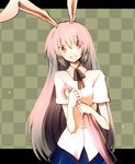  :d animal_ears black_neckwear black_ribbon blue_skirt blush bunny_ears checkered checkered_background closed_umbrella commentary_request lavender_hair letterboxed long_hair looking_at_viewer neck_ribbon onimaru_gonpei open_mouth red_eyes reisen_udongein_inaba ribbon shirt short_sleeves skirt smile solo touhou umbrella upper_body very_long_hair white_shirt 