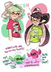  &gt;_&lt; 2girls aori_(splatoon) black_hair blush character_print closed_eyes cousins domino_mask earrings english hotaru_(splatoon) jewelry mask mole mole_under_eye multiple_girls object_on_head pointy_ears shirt silver_hair splatoon_(series) splatoon_1 squid sweatdrop t-shirt tentacle_hair wong_ying_chee yellow_eyes 