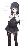  asashio_(kantai_collection) backpack bag belt black_hair black_legwear blue_eyes buttons cowboy_shot dress eyebrows eyebrows_visible_through_hair flat_chest highres kantai_collection long_hair looking_at_viewer mitsudoue neck_ribbon pantyhose pinafore_dress randoseru red_ribbon remodel_(kantai_collection) ribbon school_uniform shiny shiny_clothes signature simple_background smile solo white_background 