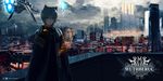 aircraft animal_ears backlighting building cape cat_ears city city_lights cityscape cloud cloudy_sky copyright_name dark heads-up_display highres inabi long_hair looking_at_viewer original rooftop scenery science_fiction sky skyscraper smile solo space_craft 