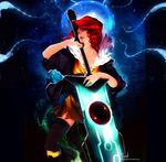  black_legwear blue_eyes dress gemmaqw highres huge_weapon jacket jewelry lips red_(transistor) red_hair ring solo sword the_transistor thighhighs transistor_(game) weapon 