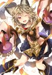  animal_ears armpits bad_id bad_pixiv_id bangs blurry blush boots braid breasts center_opening claw_(weapon) claw_pose cleavage collar collarbone commentary_request depth_of_field elbow_gloves erune eyebrows eyebrows_visible_through_hair fang flipped_hair gloves granblue_fantasy grey_hair hair_between_eyes highres hip_vent knee_boots legs_apart long_hair looking_at_viewer medium_breasts miniskirt navel_cutout off_shoulder one_eye_closed orange_eyes paw_gloves paws petals pleated_skirt sen_(granblue_fantasy) skirt smile solo sweetroad thighhighs thighs tongue weapon 