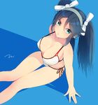  alternate_costume aqua_eyes bare_arms bare_legs bare_shoulders bikini black_hair blue_background breasts cleavage commentary_request eyebrows eyebrows_visible_through_hair hair_ribbon highres isuzu_(kantai_collection) kantai_collection large_breasts long_hair looking_at_viewer looking_up ribbon simple_background sitting solo swimsuit tebi_(tbd11) twintails white_bikini 