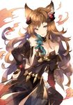  animal_ears bad_id bad_pixiv_id bare_shoulders black_dress breasts bridal_gauntlets brown_eyes brown_hair covered_navel dress erune frilled_sleeves frills granblue_fantasy hand_on_hip head_tilt highres looking_at_viewer medium_breasts metera_(granblue_fantasy) parted_lips smile solo sweetroad white_background 