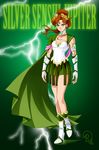  armor bishoujo_senshi_sailor_moon boots breasts brown_hair cape circlet cleavage collarbone drachea_rannak forehead_jewel full_body green_background green_eyes high_ponytail kino_makoto lightning medium_breasts metal_boots microskirt sailor_jupiter serious skirt solo vambraces watermark white_footwear 