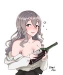  bare_shoulders blush bottle breasts brown_eyes cleavage drunk grey_hair hayabusa highres kantai_collection large_breasts long_hair looking_at_viewer off_shoulder pola_(kantai_collection) solo twitter_username undressing wavy_hair wine_bottle 