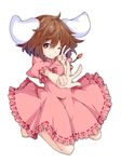  animal_ears barefoot brown_eyes brown_hair bunny_ears carrot commentary_request double_v dress floppy_ears full_body heart highres inaba_tewi ishimu jewelry kneeling looking_at_viewer necklace one_eye_closed pendant pink_dress pose puffy_short_sleeves puffy_sleeves short_hair short_sleeves smile solo touhou v white_background 