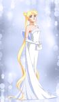  absurdly_long_hair adapted_costume bag bare_shoulders bishoujo_senshi_sailor_moon blonde_hair blue_eyes crescent crescent_earrings double_bun drachea_rannak dress earrings full_body handbag jewelry long_hair princess_serenity solo sparkle strapless strapless_dress tsukino_usagi very_long_hair watermark white_dress 