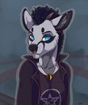  anthro canine clothed clothing ear_piercing facial_piercing half-closed_eyes jewelry kellwolfik looking_at_viewer male mammal necklace nose_piercing open_jacket piercing simple_background solo 