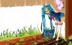  1girl anmi aqua_eyes aqua_hair female flower garter glasses grass hatsune_miku long_hair phone solo twintails vocaloid 