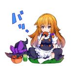  apron arm_support black_dress blonde_hair blush bobby_socks bow bowl braid buttons chibi commentary_request cup dress eating full_body hair_bow hat hat_bow hat_removed headwear_removed indian_style ishimu kirisame_marisa long_hair looking_at_viewer puffy_short_sleeves puffy_sleeves purple_bow senbei short_sleeves side_braid sitting socks solo touhou waist_apron white_background white_legwear witch_hat yellow_eyes 