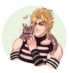  1boy animal animal_on_shoulder animalization birthmark blonde_hair cat collar dio_brando earrings enrico_pucci heart jewelry jojo_no_kimyou_na_bouken male_focus muscle niitsumee red_eyes smile upper_body whiskers 