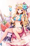  bikini blonde_hair blueberry breasts cleavage drink flower food fruit hair_flower hair_ornament heart hibiscus ice_cream large_breasts long_hair original parfait pink_eyes solo star strawberry swimsuit yuja 