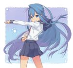  &gt;:) auru_t blue_eyes blue_hair blue_skirt blush copyright_request highres long_hair long_sleeves outstretched_arm pleated_skirt school_uniform serafuku shirt silhouette skirt smile smirk solo v v-shaped_eyebrows very_long_hair w white_shirt 