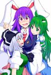  absurdres animal_ears black_hair blazer blue_eyes blush bow bunny_ears commentary_request frog_hair_ornament girl_sandwich green_eyes green_hair hair_bow hair_ornament highres ishimu jacket kochiya_sanae konpaku_youmu konpaku_youmu_(ghost) long_hair multiple_girls open_mouth purple_hair red_eyes reisen_udongein_inaba ringed_eyes sandwiched silver_hair sweat tears tongue tongue_out touhou upper_body white_background yuri 