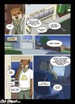  anthro blush canine chris_(meesh) clothed clothing comic computer cougar detailed_background dialogue digital_media_(artwork) dog duo english_text eyewear feline fully_clothed fur glasses john_(meesh) little_buddy male mammal meesh muscular outside phone school sitting speech_bubble standing text 