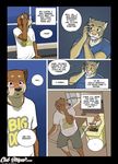  anthro blush canine chris_(meesh) clothing comic controller cougar detailed_background dialogue digital_media_(artwork) dog duo english_text eyewear feline fur glasses john_(meesh) little_buddy male mammal meesh muscular phone remote_control sitting speech_bubble text walking window 