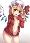  arm_behind_back ass_visible_through_thighs bangs blonde_hair blush bottomless flandre_scarlet hat hat_ribbon highres hood hoodie janne_cherry looking_at_viewer mob_cap naked_hoodie navel no_bra open_mouth red_eyes red_ribbon ribbon side_ponytail simple_background smile solo standing touhou wings 
