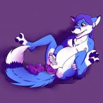  2016 anthro areola balls belly big_belly blue_fur blue_hair blue_pawpads blush breasts brown_eyes butt canine egg english_text fox fur gettingeggywithit hair herm humanoid_penis intersex long_hair mammal nipples nude oviposition pawpads penis pink_nipples precum purple_background pussy pussy_juice signature simple_background solo spread_legs spreading text white_fur 