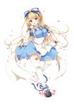  :d alice_(wonderland) alice_in_wonderland ankle_ribbon black_footwear blonde_hair blue_dress blue_eyes blue_ribbon blush bow breasts collared_shirt dress finger_to_mouth full_body garter_straps gomano_rio hair_bow head_tilt heart highres large_breasts leg_ribbon leg_up long_hair open_mouth outstretched_arm ribbon shirt shoes simple_background smile solo thighhighs very_long_hair white_background white_legwear wrist_cuffs 