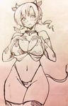  1girl bikini bra breast_grab breasts cow curvy fake_horns fake_tail female large_breasts mahou_shoujo_madoka_magica monochrome negresco shiny_skin solo sweat thong tomoe_mami twintails 