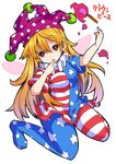  :o american_flag_dress american_flag_legwear blonde_hair breasts clownpiece commentary_request fairy_wings finger_to_mouth full_body hat highres ishimu jester_cap long_hair looking_at_viewer medium_breasts neck_ruff no_shoes pantyhose polka_dot print_legwear red_eyes short_sleeves sitting solo star striped striped_legwear torch touhou very_long_hair wariza wings 