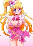  areola_slip areolae asahina_mirai bikini_top blonde_hair blush bow breasts cowboy_shot cure_miracle curvy double_v dress earrings gem gloves hair_bow hat highres jewelry large_breasts long_hair looking_at_viewer magical_girl mahou_girls_precure! mini_hat mini_witch_hat panties pink_hat precure purple_eyes ryuuta_(cure_ryuuta) side_ponytail skindentation smile solo striped striped_panties underwear v very_long_hair white_gloves wind wind_lift witch_hat 