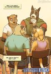  anthro canine chris_(meesh) clothed clothing comic cougar detailed_background dialogue digital_media_(artwork) dog english_text eyewear feline fully_clothed fur glasses group john_(meesh) little_buddy male mammal meesh muscular smile speech_bubble standing tagme text 