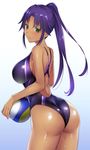  ass asuka_(dream_c_club_zero) back blush breasts competition_swimsuit dark_skin dream_c_club dream_c_club_(series) dream_c_club_zero green_eyes huge_breasts mole mole_under_eye one-piece_swimsuit ponytail purple_hair shiny shiny_clothes shiny_skin smile solo swimsuit tomohiro_kai volleyball wet 