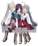  3girls ahoge arm_around_neck arm_hug asashimo_(kantai_collection) blue_bow blue_bowtie blue_hair blush boots bow bowtie closed_eyes commentary_request cross-laced_footwear dress girl_sandwich green_eyes grey_hair grey_legwear grin hair_between_eyes hair_over_one_eye hayashimo_(kantai_collection) headband highres hime_cut kantai_collection kiyoshimo_(kantai_collection) lace-up_boots long_hair long_sleeves low_twintails multicolored_hair multiple_girls open_mouth pantyhose ponytail purple_eyes purple_hair riz_(ravel_dc) sandwiched school_uniform sharp_teeth shirt silver_hair sitting sleeveless sleeveless_dress smile teeth tumblr_username twintails v very_long_hair white_background white_shirt 