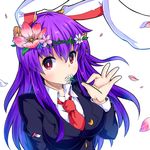  animal_ears blazer blush breasts bunny_ears commentary_request flower hair_flower hair_ornament head_wreath ishimu jacket long_hair long_sleeves looking_at_viewer medium_breasts necktie petals purple_hair red_eyes red_neckwear reisen_udongein_inaba solo touhou upper_body 