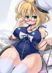  ahoge bdsm blonde_hair blue_eyes blush bondage book bound breast_bondage breasts cameltoe commentary_request covered_nipples crotch_rope egg_vibrator glasses hat i-8_(kantai_collection) kantai_collection large_breasts low_twintails md5_mismatch name_tag one-piece_swimsuit open_mouth peaked_cap rakuma_kanori rope school_swimsuit self_bondage semi-rimless_eyewear shibari shibari_over_clothes solo swimsuit twintails under-rim_eyewear vibrator white_legwear 