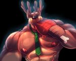  abs anthro antlers belly biceps big_biceps black_nose bone canine clenched_teeth clothed clothing cursedmarked dog eating eyes_closed front_view ham hi_res holding_object horn hybrid male mammal manly mature_male muscular muscular_male necktie nipples pecs pose simple_background smile solo standing teeth topless 