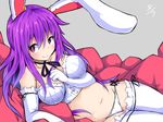  alternate_costume animal_ears bare_shoulders black_neckwear black_ribbon blush breasts bunny_ears bustier collarbone commentary_request dated elbow_gloves gloves groin highres ishimu large_breasts looking_at_viewer lying navel neck_ribbon on_side panties pillow purple_hair red_eyes reisen_udongein_inaba ribbon side-tie_panties smile solo thighhighs touhou underwear white_gloves white_legwear white_panties 