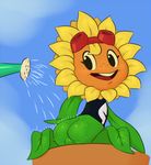  anus butt clothing eyelashes eyewear female flora_fauna flower flower_pot freckles goggles looking_back not_furry plant plants_vs_zombies ponchuzn pussy shirt smile solar_flare_(plants_vs_zombies) solo sunflower water watering_can wet 