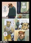  anthro book bulge canine changing_room chris_(meesh) clothed clothing comic cougar dialogue digital_media_(artwork) dog duo english_text eyewear feline fur glasses john_(meesh) little_buddy locker_room male mammal meesh muscular public shorts smile speech_bubble standing star tagme text 