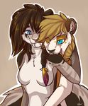  anthro breasts duo ear_piercing facial_piercing fangs featureless_breasts feline female kellwolfik male male/female mammal nose_piercing one_eye_closed open_mouth piercing saber-toothed_cat simple_background smile teeth 