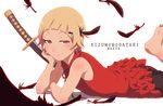  artist_name barefoot blonde_hair chin_rest closed_mouth copyright_name dress fang feathers highres katana kiss-shot_acerola-orion_heart-under-blade kizumonogatari looking_at_viewer lying monogatari_(series) nakta on_stomach oshino_shinobu red_dress red_eyes short_hair sleeveless sleeveless_dress solo squinting sword weapon white_background 