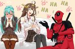  2girls ^_^ ahoge aqua_hair ascot black_legwear blush bodysuit brown_hair brown_legwear closed_eyes commentary_request deadpool deadpool_(movie) double_bun fingers_together full-face_blush hair_ornament headgear highres ijimeka japanese_clothes kantai_collection kongou_(kantai_collection) long_hair marvel mask multiple_girls nontraditional_miko pleated_skirt rakku_(10219563) school_uniform serafuku sitting skirt suzuya_(kantai_collection) thighhighs trembling wavy_mouth 