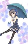  :d bare_shoulders black_hair black_legwear blue_bow blue_eyes bow burn_scar dorei_to_no_seikatsu_~teaching_feeling~ full_body hair_bow hair_ornament hairclip holding holding_umbrella kiomota long_hair looking_at_viewer open_mouth pantyhose ponytail scar shirt shoes skirt skirt_set sleeveless sleeveless_shirt smile solo standing standing_on_one_leg sylvie_(dorei_to_no_seikatsu) umbrella 