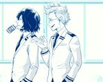  aizawa_shouta bad_id bad_twitter_id blazer boku_no_hero_academia glasses hands_in_pockets jacket juice_box monochrome multiple_boys rtmg school_uniform short_hair teenage u.a._school_uniform wavy_hair yamada_hizashi younger 